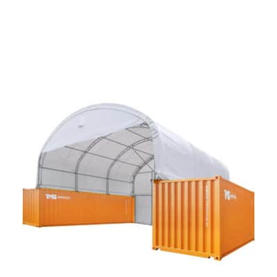 White curved-frame storage tent connected to orange shipping containers for temporary storage.