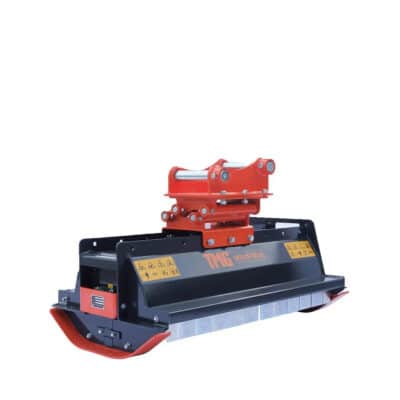 Industrial hydraulic grapple attachment (red and black) with jaws and mounting hardware for heavy equipment.