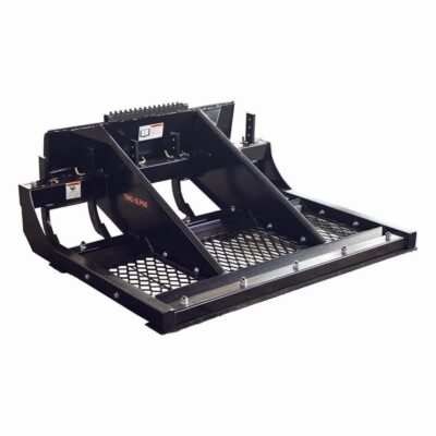 Heavy black steel loader attachment with two arched grapple arms and a meshed base, designed to lift and move bulky materials with a skid-steer or tractor.