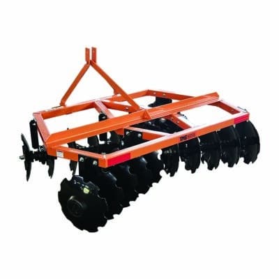 Orange steel frame disc harrow with multiple black concave discs for tilling soil.