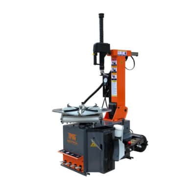 Industrial tire changer machine with orange vertical arm and rotating wheel rim clamping fixture