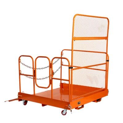 Orange mesh safety barrier trailer with chain guard, flatbed base, and locking frame for jobsite work protection