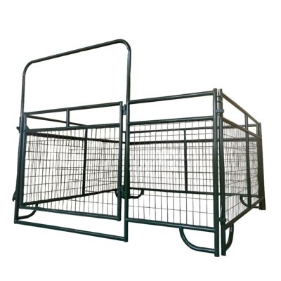 Green steel portable livestock pen panel with welded wire mesh and tubular frame for jobsite use