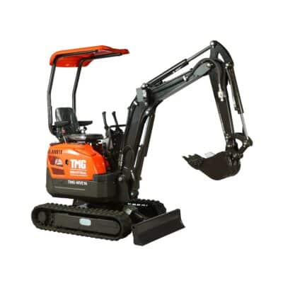 TMG MVE16 mini excavator with clamshell bucket attachment, hydraulic boom, tracks, and operator seat